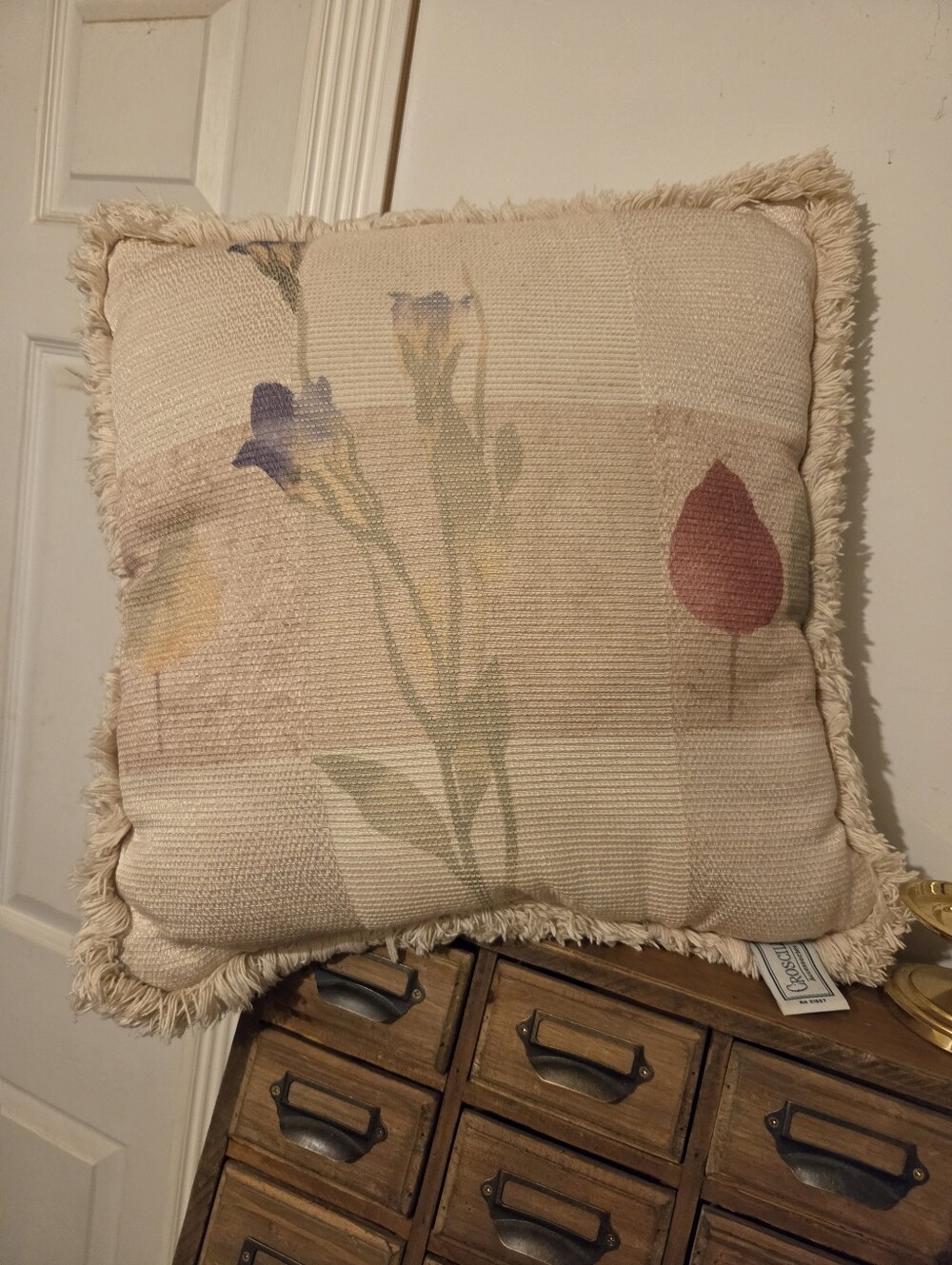 Croscill Cream Throw Pillow with Muted Floral and Fringe